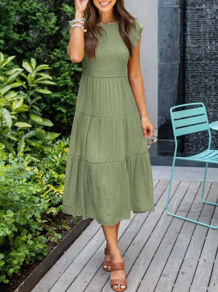 Luna | Women's Tummy-Control Cap Sleeve Tiered Maxi Dress, Smocked Bodice