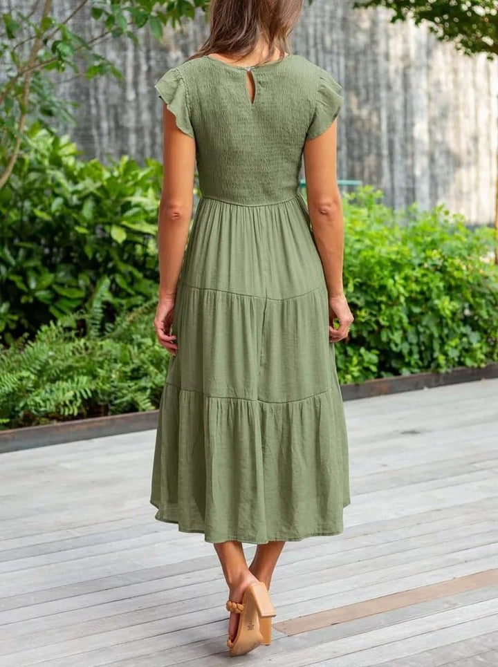 Luna | Women's Tummy-Control Cap Sleeve Tiered Maxi Dress, Smocked Bodice