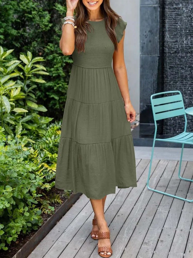 Luna | Women's Tummy-Control Cap Sleeve Tiered Maxi Dress, Smocked Bodice