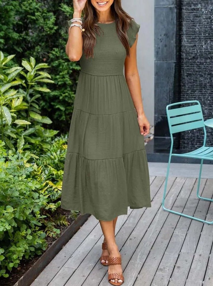 Luna | Women's Tummy-Control Cap Sleeve Tiered Maxi Dress, Smocked Bodice