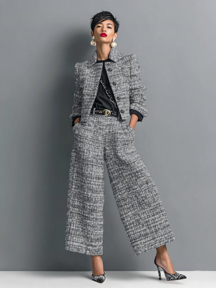 Harper | Women's Tweed Two Piece Set with Cropped Button-Front Jacket and Wide-Leg Pants