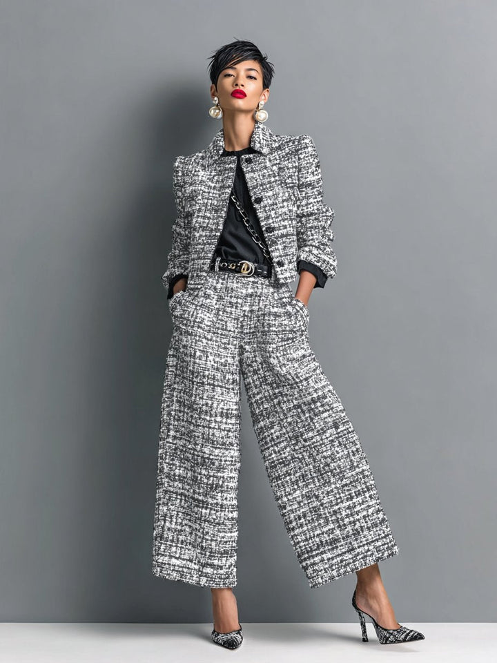 Harper | Women's Tweed Two Piece Set with Cropped Button-Front Jacket and Wide-Leg Pants