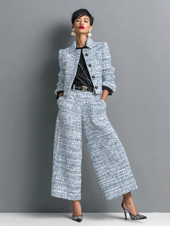 Harper | Women's Tweed Two Piece Set with Cropped Button-Front Jacket and Wide-Leg Pants