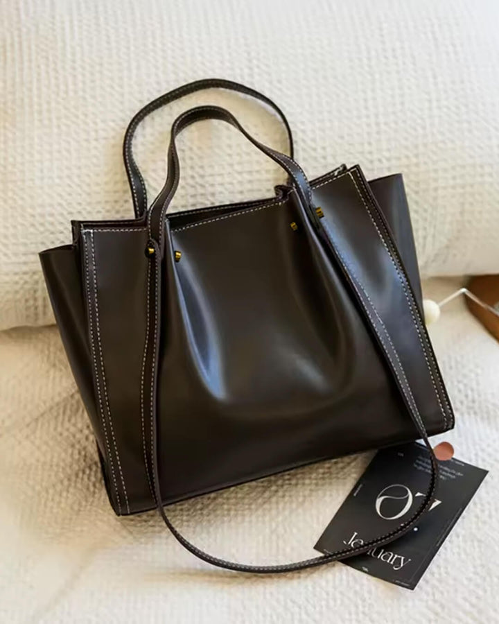 Charlotte | Women's Vegan Leather Contrast-Stitch Tote Bag with Shoulder Strap