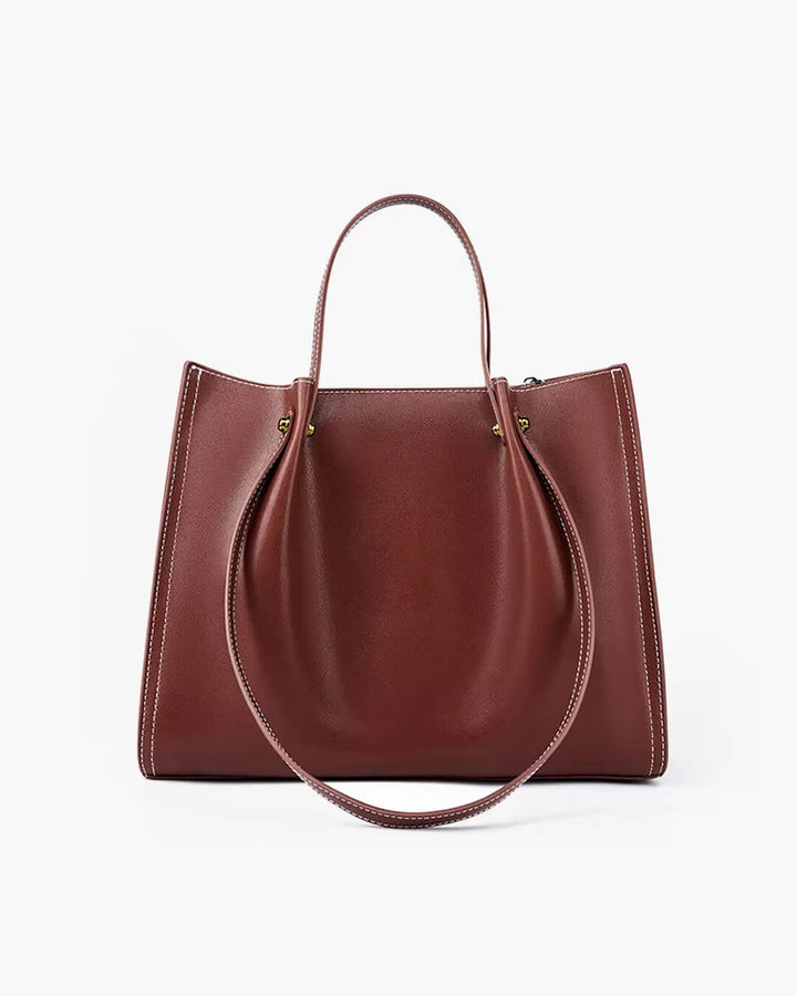 Charlotte | Women's Vegan Leather Contrast-Stitch Tote Bag with Shoulder Strap