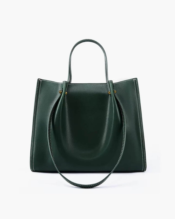 Charlotte | Women's Vegan Leather Contrast-Stitch Tote Bag with Shoulder Strap