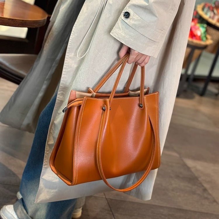 Charlotte | Women's Vegan Leather Contrast-Stitch Tote Bag with Shoulder Strap