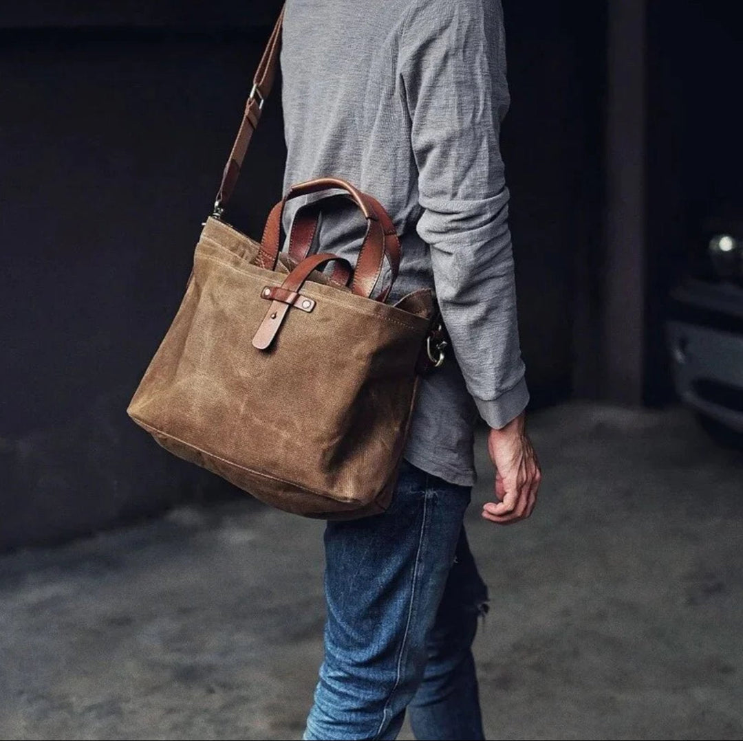 Aiden | Men's Waxed Canvas Tote Bag with Leather Trim and Crossbody Strap