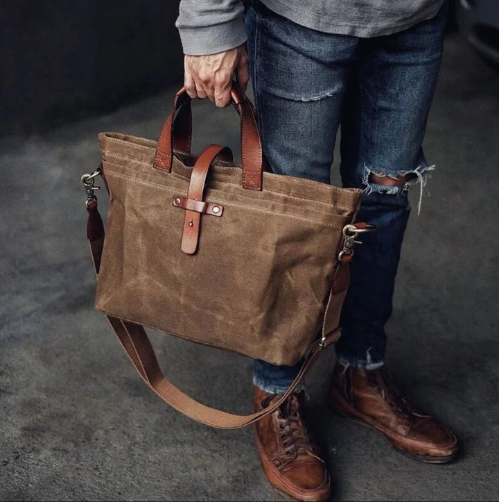 Aiden | Men's Waxed Canvas Tote Bag with Leather Trim and Crossbody Strap