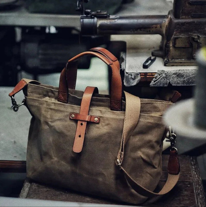 Aiden | Men's Waxed Canvas Tote Bag with Leather Trim and Crossbody Strap