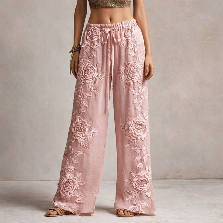 Camila | Women's Wide-Leg Floral Embroidered Pants with Drawstring Waist