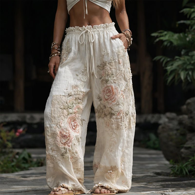 Camila | Women's Wide-Leg Floral Embroidered Pants with Drawstring Waist