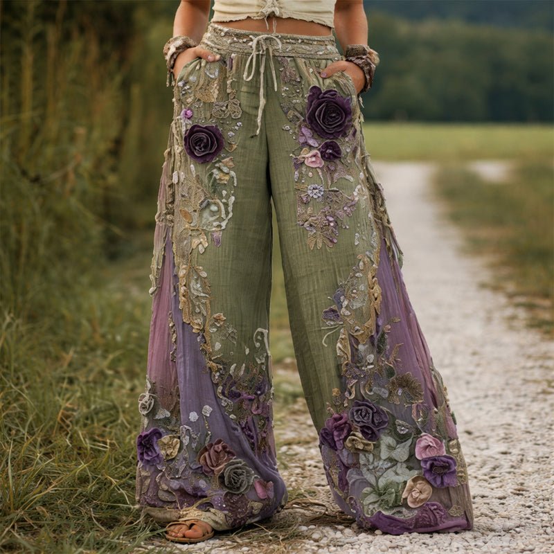 Camila | Women's Wide-Leg Floral Embroidered Pants with Drawstring Waist