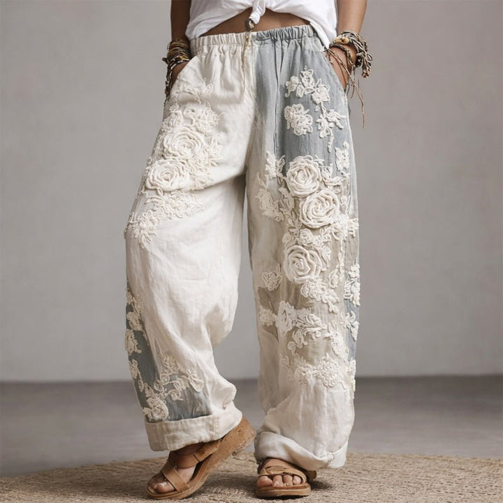 Camila | Women's Wide-Leg Floral Embroidered Pants with Drawstring Waist