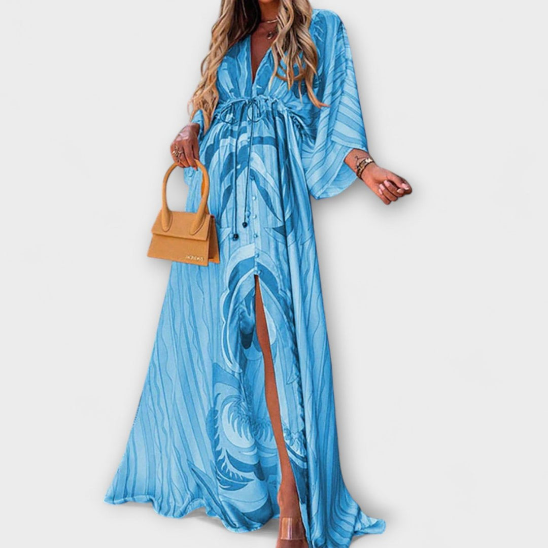Scarlett | Women's Abstract Print V-Neck Drawstring Flowy Maxi Dress