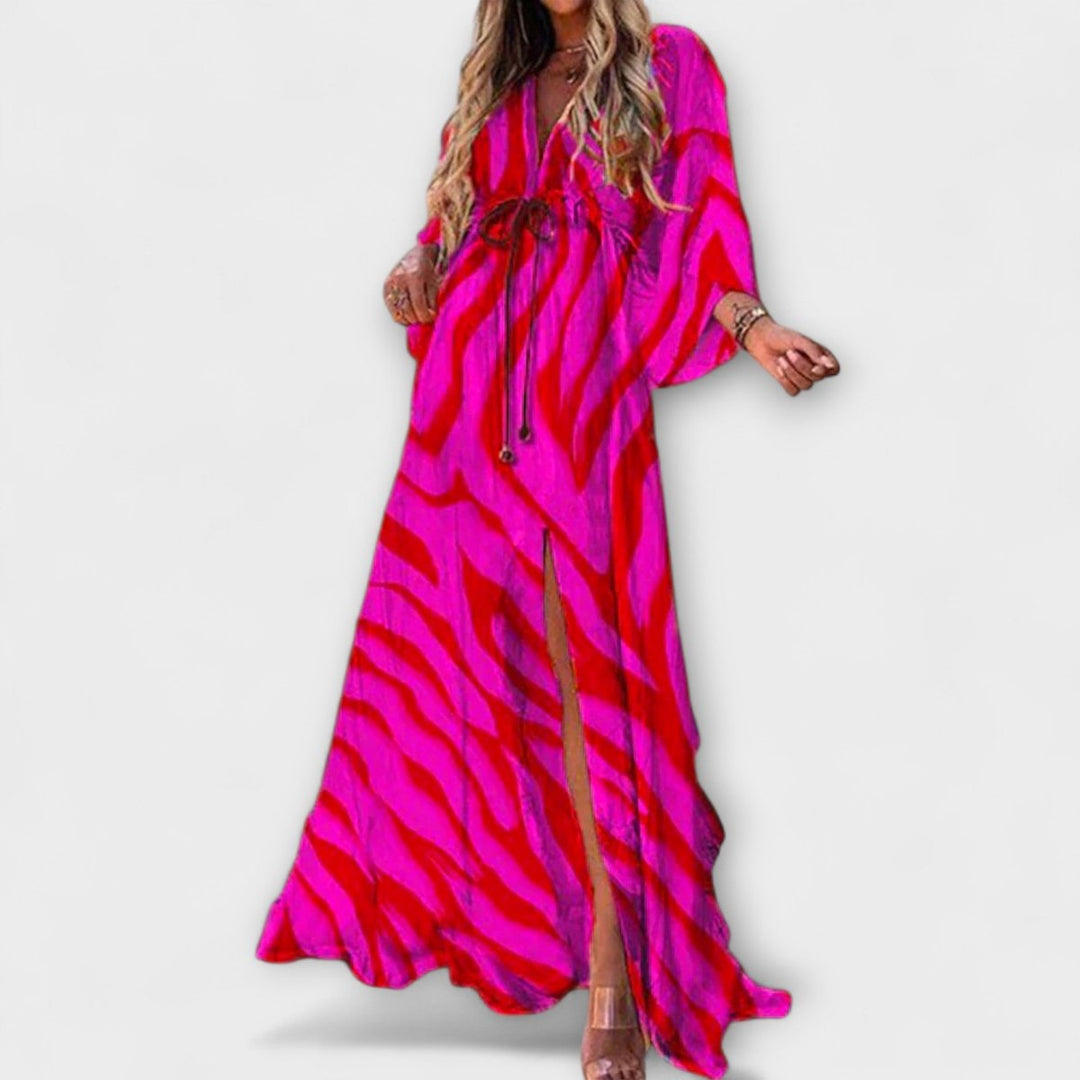 Scarlett | Women's Abstract Print V-Neck Drawstring Flowy Maxi Dress