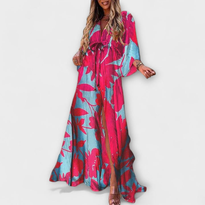 Scarlett | Women's Abstract Print V-Neck Drawstring Flowy Maxi Dress