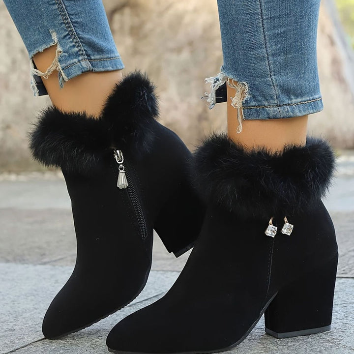 Madison | Women's Black Boots Fur-Trim Block-Heel Pointed-Toe Ankle Booties
