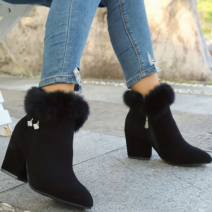 Madison | Women's Black Boots Fur-Trim Block-Heel Pointed-Toe Ankle Booties
