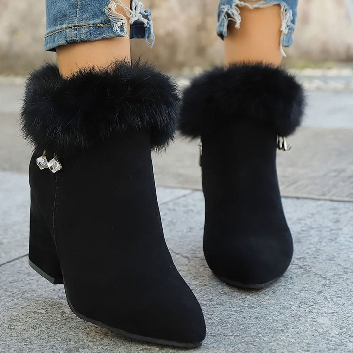 Madison | Women's Black Boots Fur-Trim Block-Heel Pointed-Toe Ankle Booties