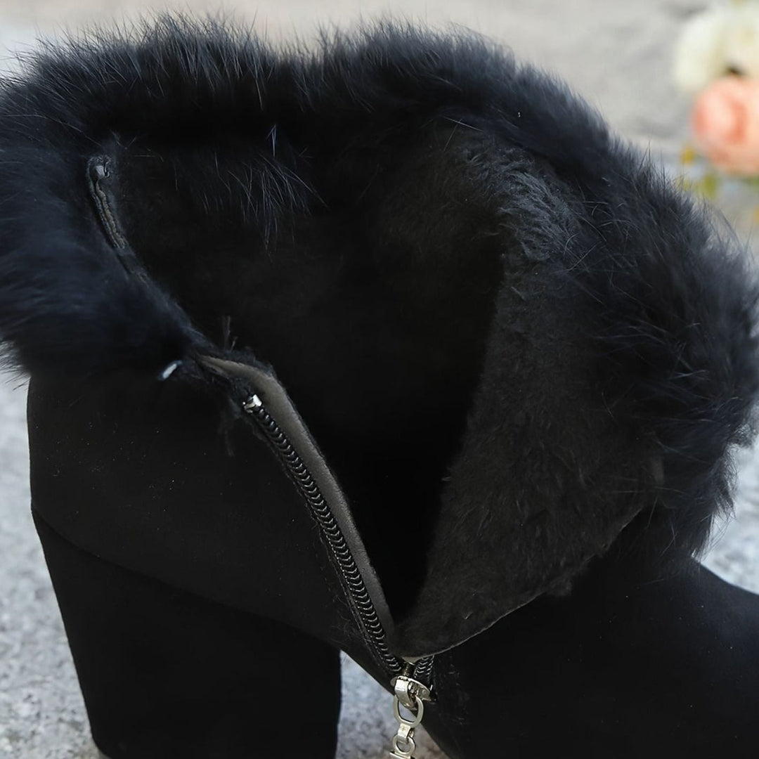 Madison | Women's Black Boots Fur-Trim Block-Heel Pointed-Toe Ankle Booties