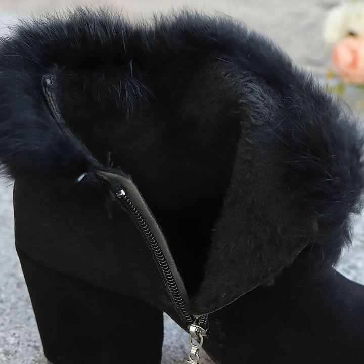Madison | Women's Black Boots Fur-Trim Block-Heel Pointed-Toe Ankle Booties