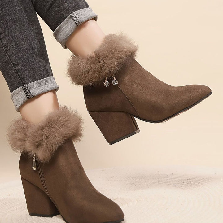 Madison | Women's Black Boots Fur-Trim Block-Heel Pointed-Toe Ankle Booties