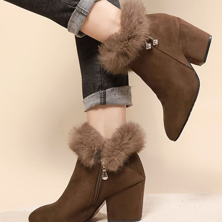 Madison | Women's Black Boots Fur-Trim Block-Heel Pointed-Toe Ankle Booties