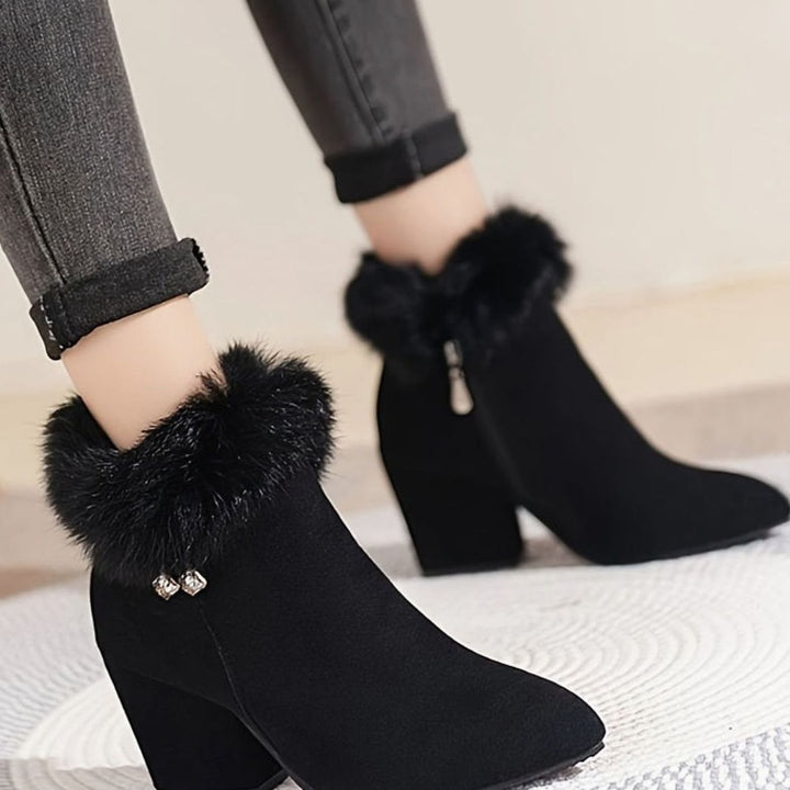 Madison | Women's Black Boots Fur-Trim Block-Heel Pointed-Toe Ankle Booties