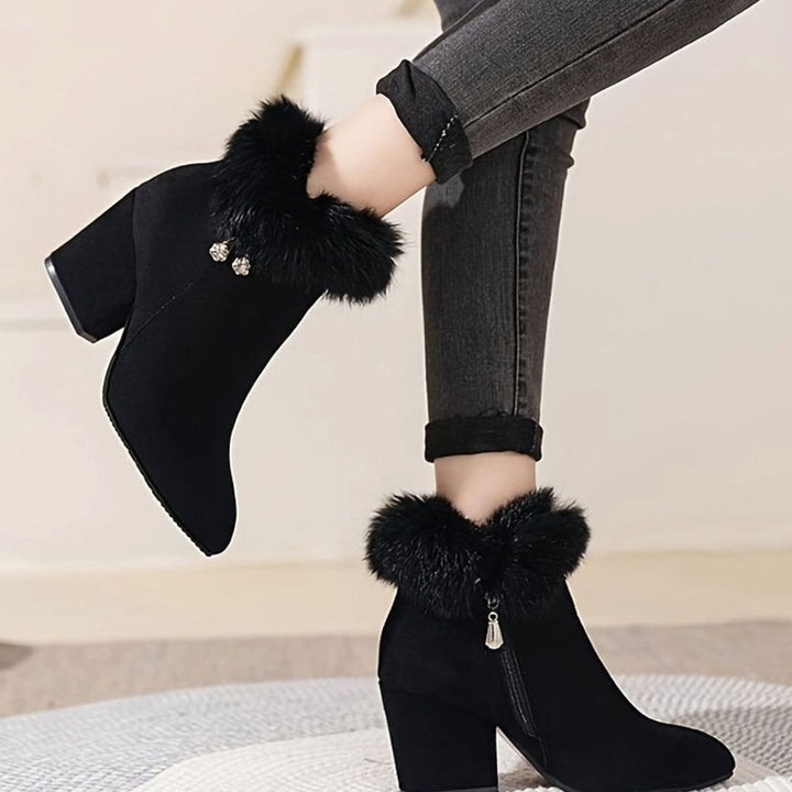 Madison | Women's Black Boots Fur-Trim Block-Heel Pointed-Toe Ankle Booties