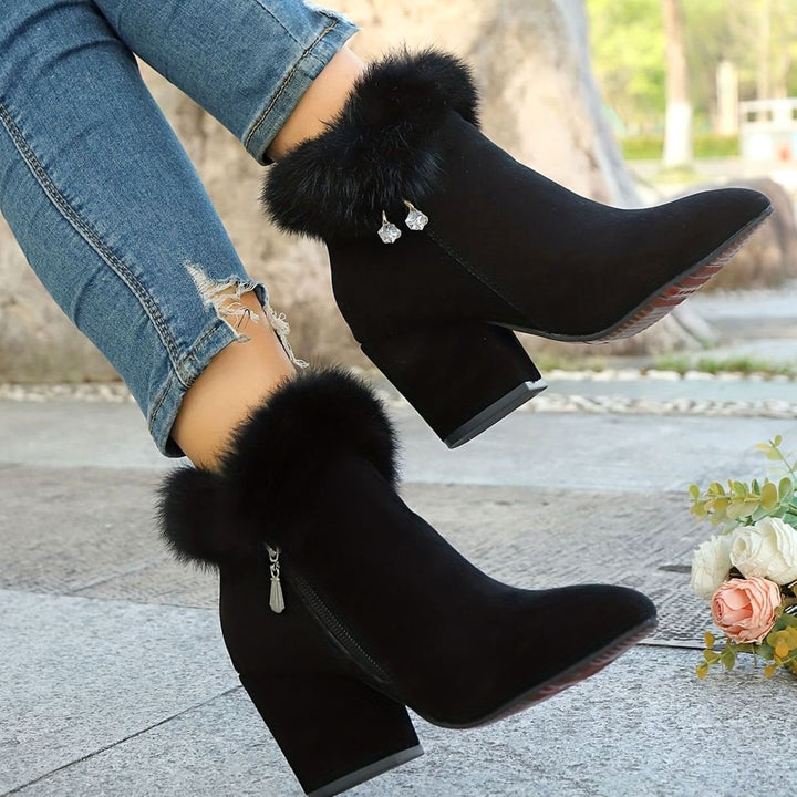 Madison | Women's Black Boots Fur-Trim Block-Heel Pointed-Toe Ankle Booties