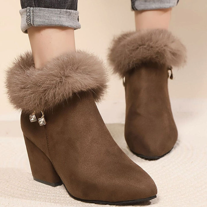 Madison | Women's Black Boots Fur-Trim Block-Heel Pointed-Toe Ankle Booties