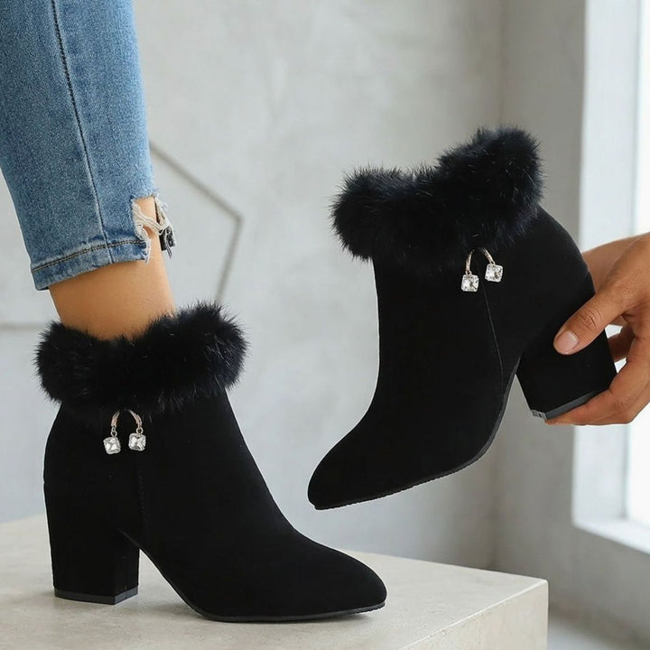 Madison | Women's Black Boots Fur-Trim Block-Heel Pointed-Toe Ankle Booties