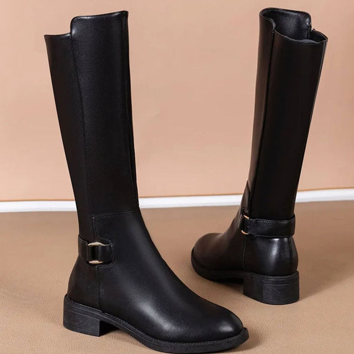 Charlotte | Women's Black Knee-High Leather Boots Buckle Detail