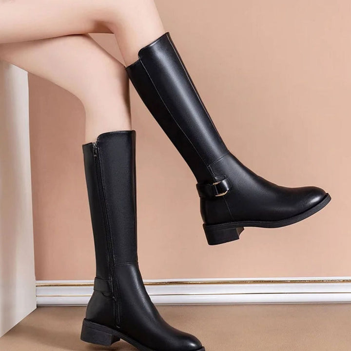 Charlotte | Women's Black Knee-High Leather Boots Buckle Detail