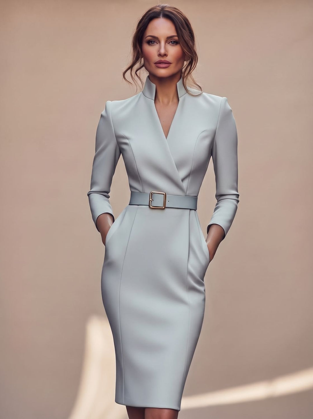 Luna | Women's Black Midi Dress V-Neck Belted Pencil Long-Sleeve