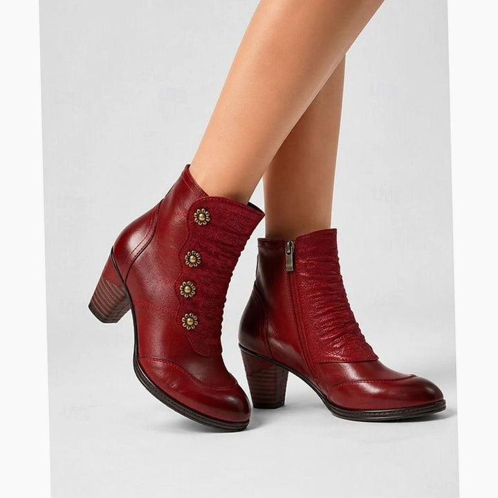 Madison | Women's Block Heel Ankle Boots Floral Button Side Zip