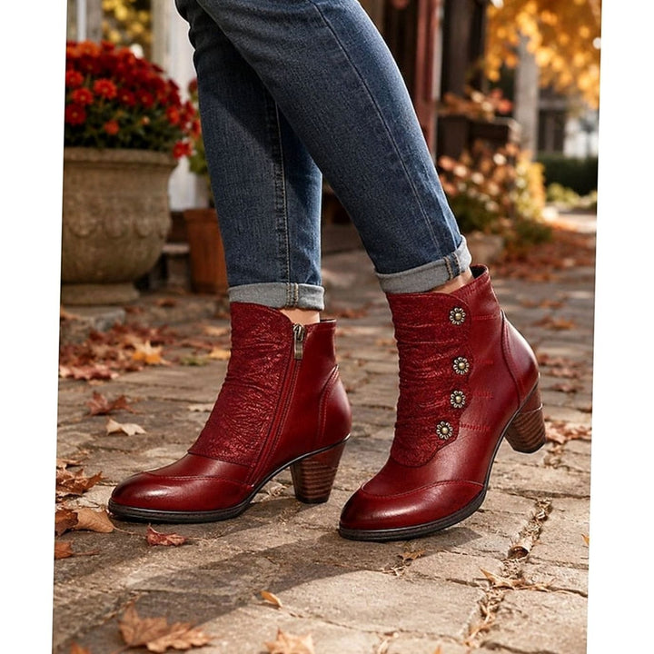 Madison | Women's Block Heel Ankle Boots Floral Button Side Zip