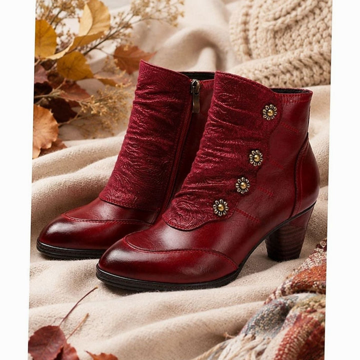 Madison | Women's Block Heel Ankle Boots Floral Button Side Zip