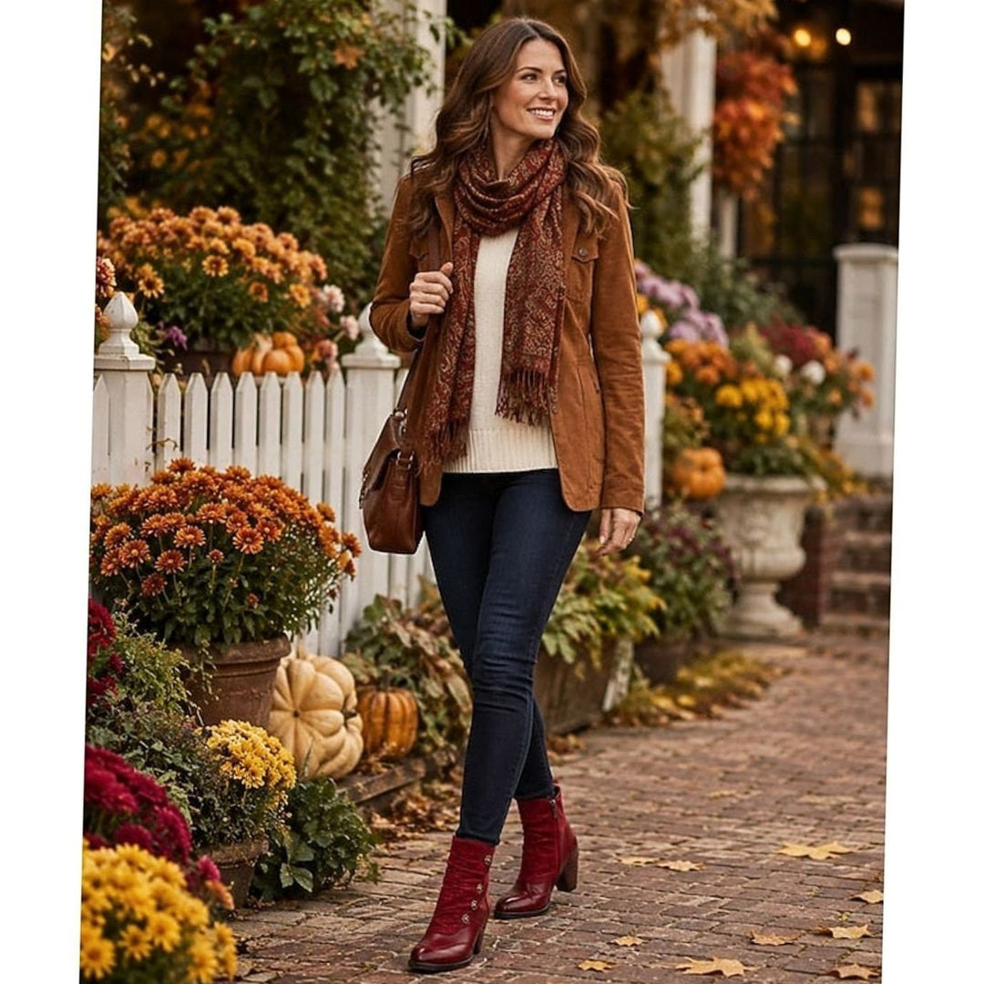 Madison | Women's Block Heel Ankle Boots Floral Button Side Zip