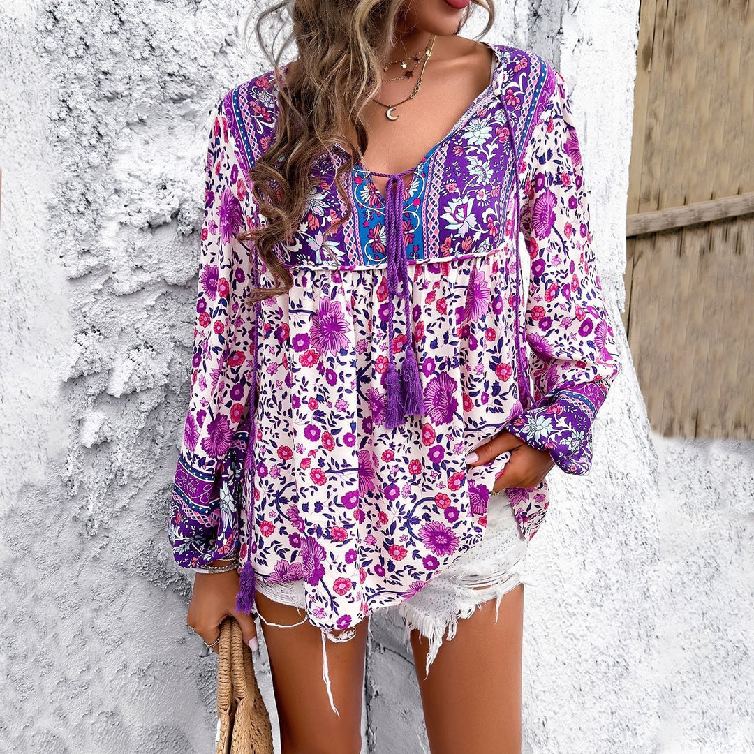 Evelyn | Women's Bohemian Floral V-Neck Tassel Drawstring Tunic Blouse