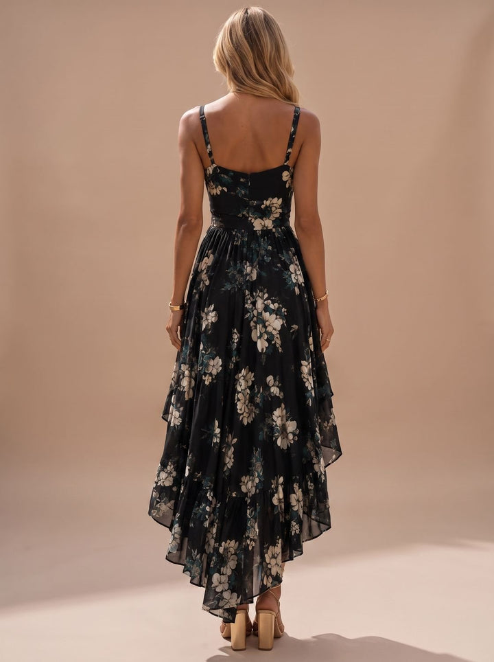 Penelope | Women's Boho Black Floral High-Low Maxi Sundress