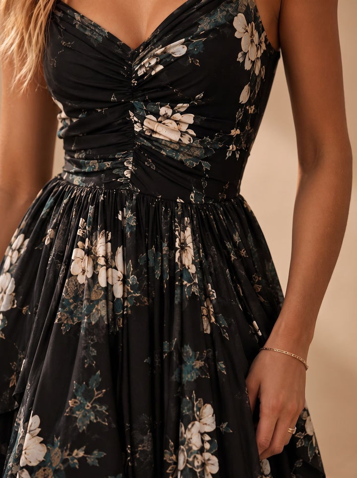 Penelope | Women's Boho Black Floral High-Low Maxi Sundress