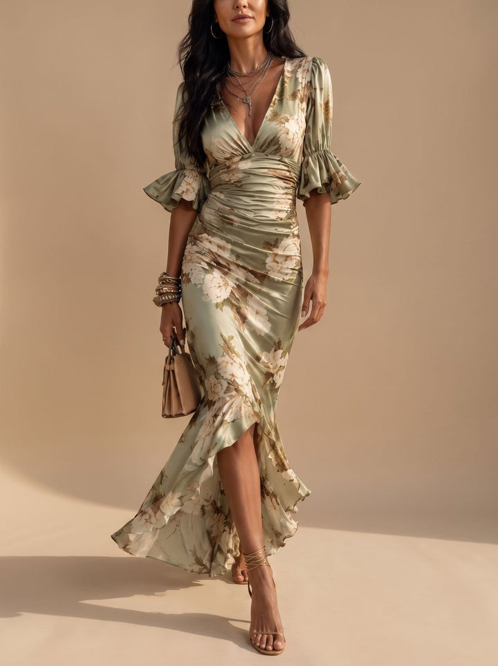 Olivia | Women's Boho Floral Ruched V-Neck Midi Dress Ruffled Sleeves