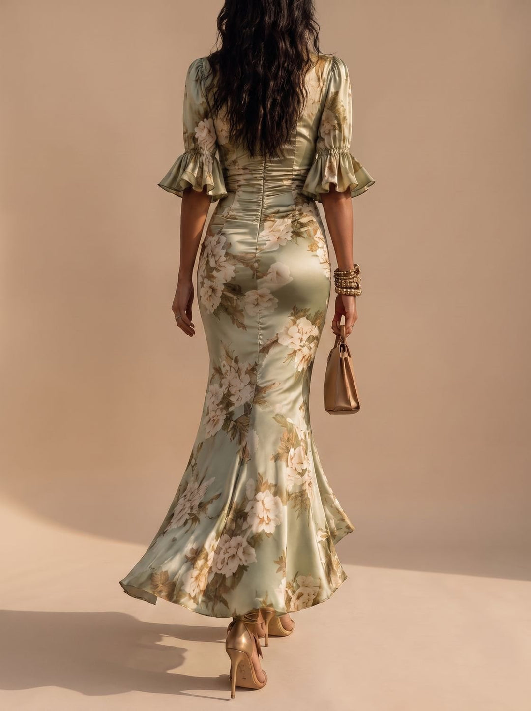 Olivia | Women's Boho Floral Ruched V-Neck Midi Dress Ruffled Sleeves