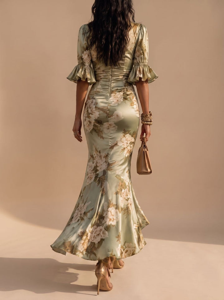 Olivia | Women's Boho Floral Ruched V-Neck Midi Dress Ruffled Sleeves