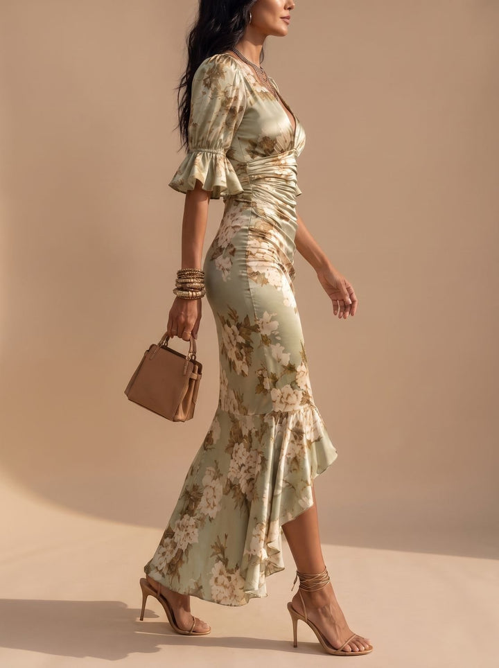 Olivia | Women's Boho Floral Ruched V-Neck Midi Dress Ruffled Sleeves