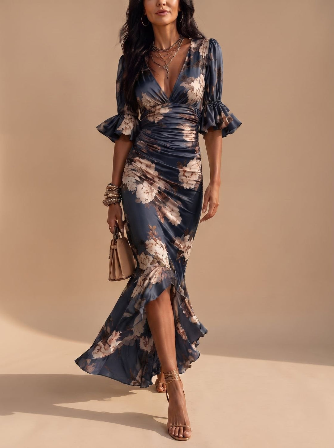 Olivia | Women's Boho Floral Ruched V-Neck Midi Dress Ruffled Sleeves