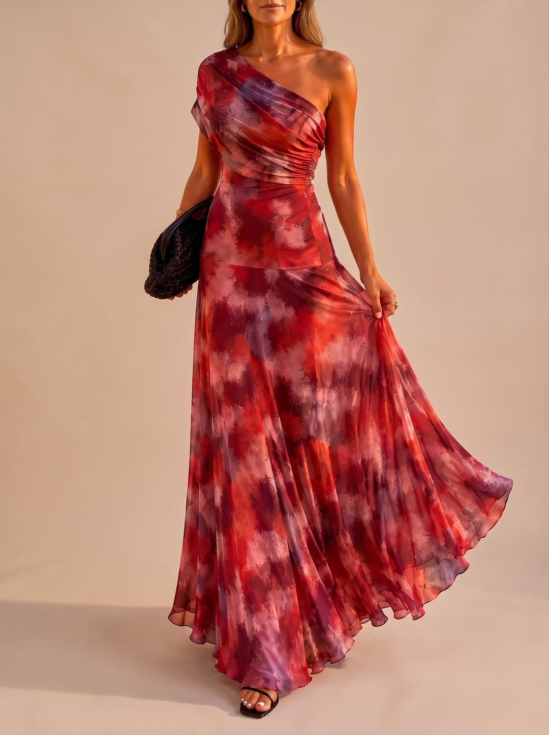 Amelia | Women's Boho One-Shoulder Ruched Flowy Maxi Dress