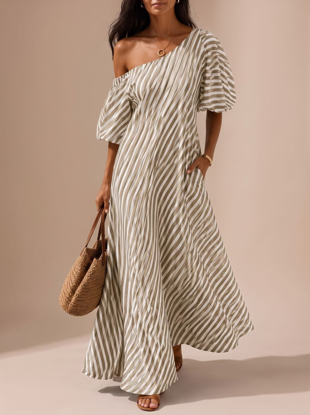 Charlotte | Women's Boho One-Shoulder Striped Flowy Maxi Dress